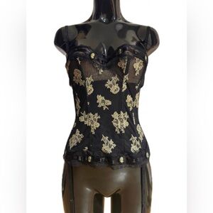 Floral Lace Bustier Corset with Garters - Black